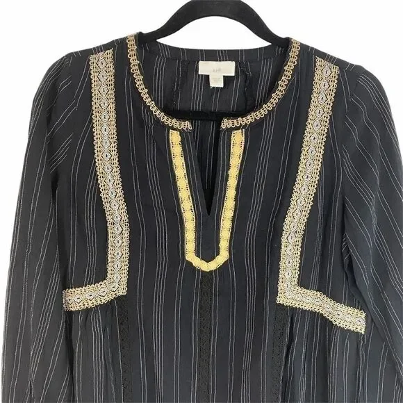 J Jill Peasant Blouse XS Black White Stripe Lace - Picture 3 of 14